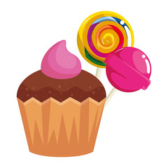 delicious cupcake with lollipops isolated icon