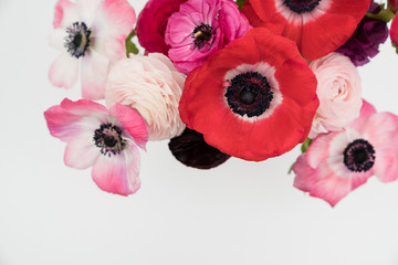 Pink blush and maroon ranunculus and anemone flowers flat lay