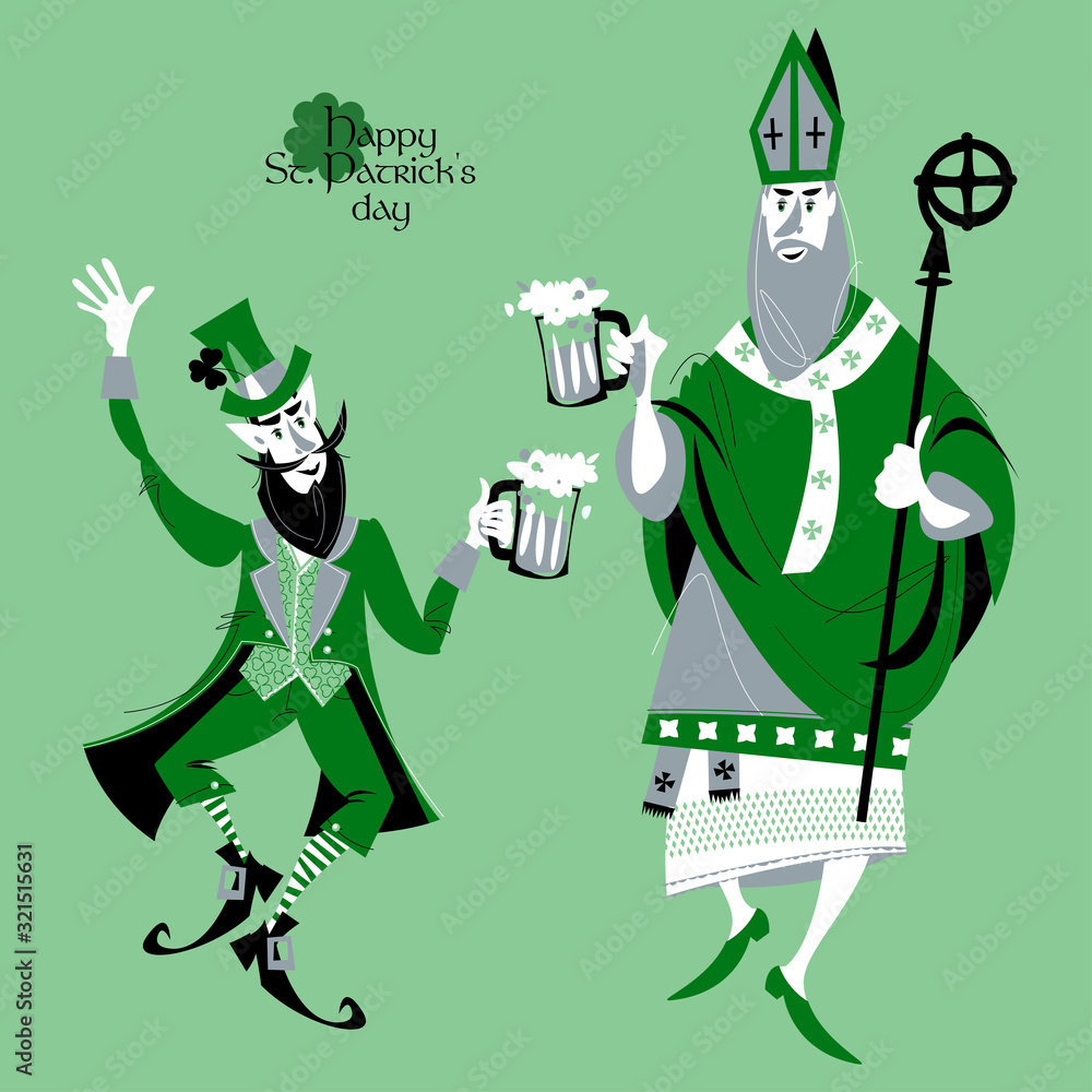 Wall mural St Patrick (Apostle of Ireland) and Leprechaun holding beer jugs and dancing. Saint Patrick’s Day.