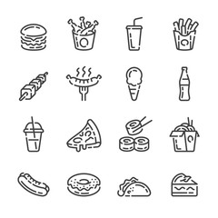 Set of fast food and drink outline icons. Meal and beverage line vector illustration.