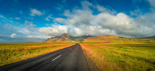 Panoramic view over rough and colorful landsacpe in Iceland, summer