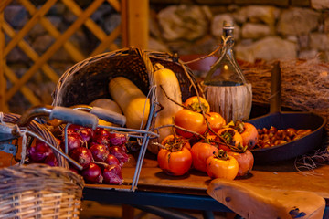 autumnal still life, with fruit and peasant objects