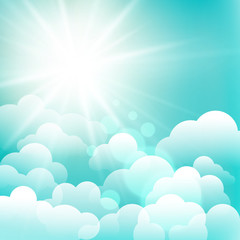 Blue sky sun background. Clear summer nature, sunlight weather. White glow sunrise,  heaven. Bright sparkle burst. Esp10