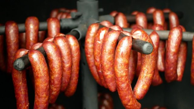 Sausage red smokehouse smoked on beech wood pig slaughter traditional Czech household hangs, sausage-meat, smoked meat, ribs, blood sausage, traditional farm farming homemade
