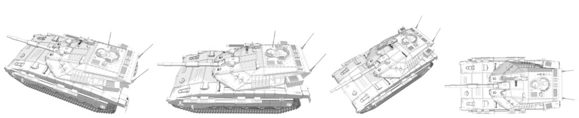Cartoon style outlined isolated 3D modern tank with fictive design, high detail army power concept - military 3D Illustration