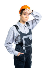 Woman builder engineer tired of work. Isolated