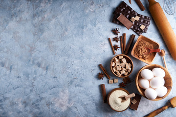 Ingredients for baking cookies, cake. Tools, dishes for cooking