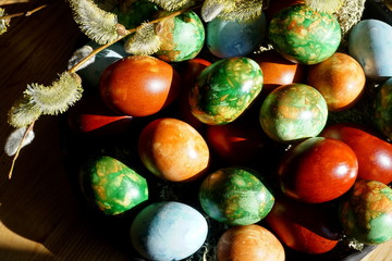Easter eggs dyed naturally in onion peel and willow branch