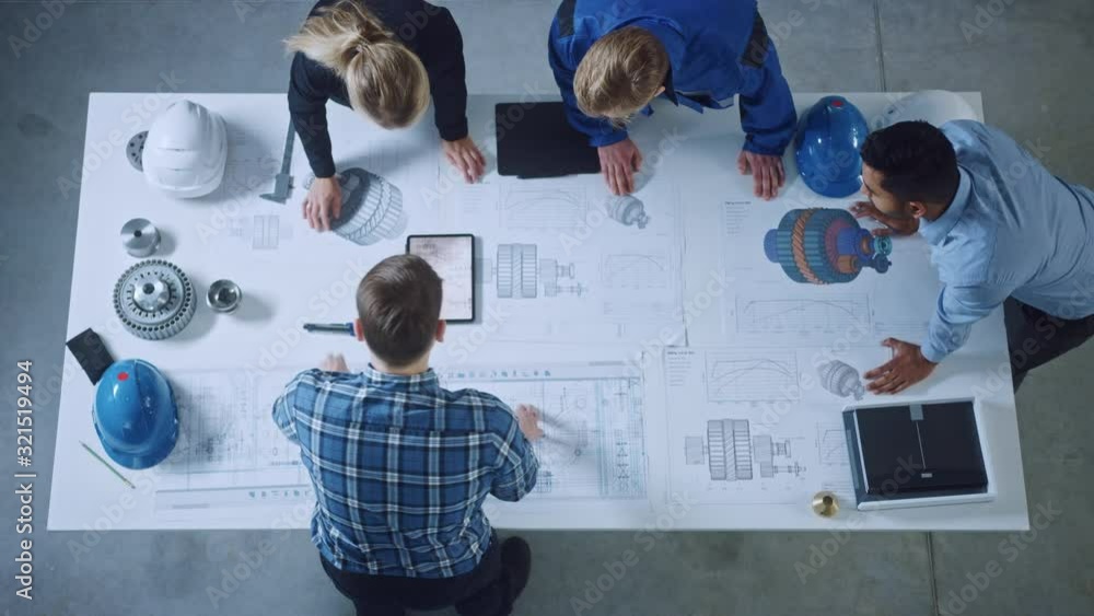 Poster team of industrial engineers lean on office table, analyze machinery blueprints, architectural probl