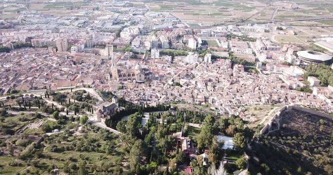 Aerial panoramic view of Xativa cityscape with Collegiate Basilica of Santa Maria, Spain