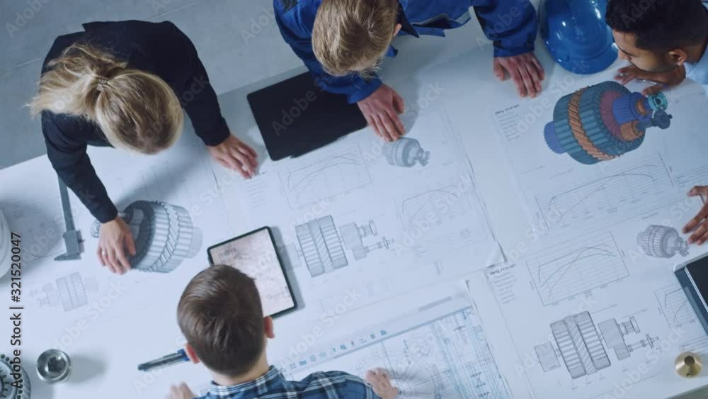 Aufkleber team of industrial engineers lean on office table, analyze machinery blueprints, architectural probl