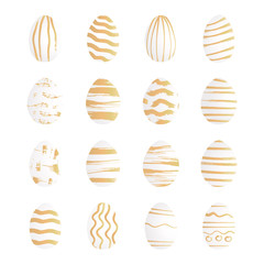 Vector illustration with a set of painted eggs for Easter. A large collection of white eggs with a grunge gold pattern for an invitation card or postcard or banner.