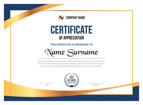 Creative certificate of appreciation award template with blue and golden shapes and badge