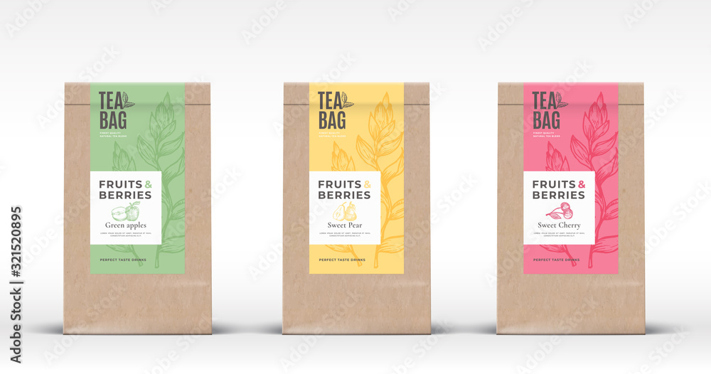 Wall mural craft paper bag with fruit and berries tea labels set. abstract vector packaging design layout with 