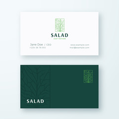 Salad Lettuce In a Frame Abstract Vector Sign or Logo and Business Card Template. Premium Stationary Realistic Mock Up. Vegetable or Green Food Emblem with Modern Typography.