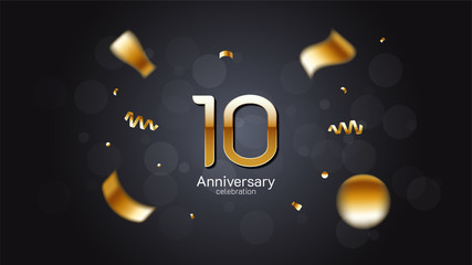 10th anniversary celebration Gold numbers editable vector EPS 10 shadow and sparkling confetti with bokeh light black background. modern elegant design for wedding party or company event decoration