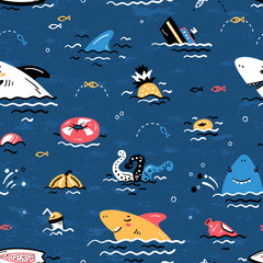 Cartoon Summer Sea Background for Kids. Vector Seamless Childish Pattern with Doodle Cute Shark Smiling Characters and Various Objects and Food Floating or Sinking in Water