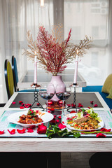 Valentine's dinner for two with rose and decorations