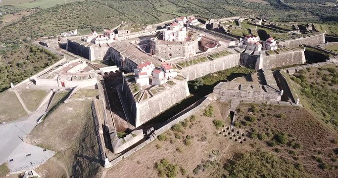 Aerial view of star-shaped fortification of Nossa Senhora da Graca Fort in village of Alcacova, Portalegre, Portugal