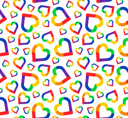 LGBT seamless pattern with hearts in rainbow flag color. Background of Gay pride concept.