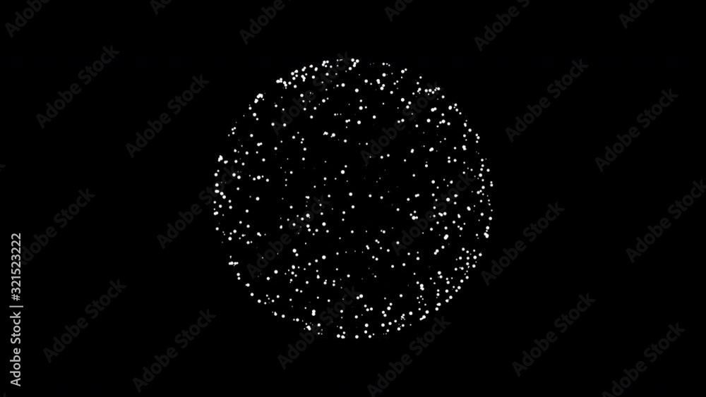 Poster minimalistic sphere of white round particles rotating on black background.