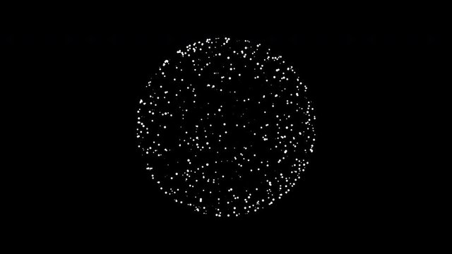 Minimalistic sphere of white round particles rotating on black background.