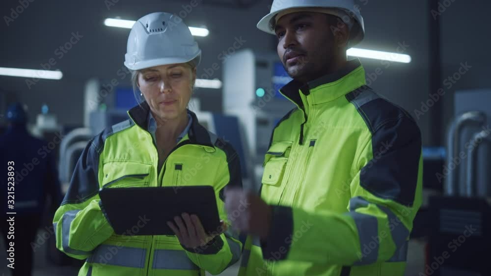 Fototapete chief engineer and project manager wearing safety vests and hard hats, use digital tablet computer i