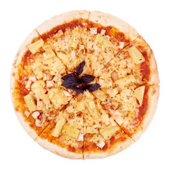 Delicious pizza hawaiian isolated over white background. Top view.