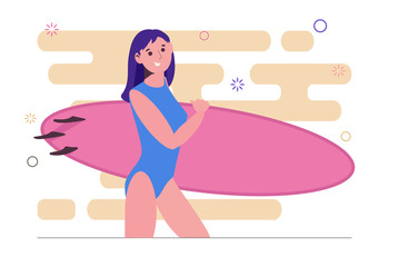 Girl surfer in a swimsuit. Woman with a surfboard. Summer theme. The shore of the sea or ocean. Sports and recreation. Flat illustration. Isolated on a white background. Can be used for web, banners