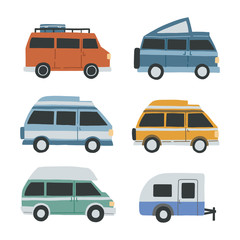 Set of differnet campervans isolated on white background. HAnd drawn flat vector illustration for banner, advertisment.