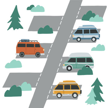 Campervan parking illustration. Hand drawn flat vector concept for banner, advertisment. Motorhome, tourism, van life movement.