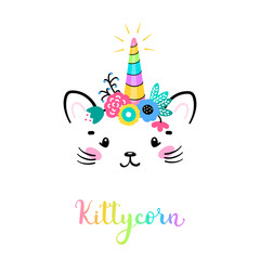 Vector Cute Unicorn Cat Head with Floral Wreath for Kids t-shirt Print Design and Birthday Party. Magic Caticorn or Kittycorn Nursery Poster. Magical Kitten Face with Unicorn Horn and Flower Crown