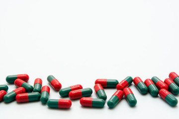 Close up pills - health care, virus, food supplement or pain prescription. Copy space.