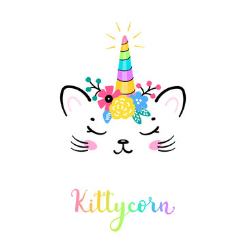 Vector Cute Unicorn Cat Head with Floral Wreath for Kids t-shirt Print Design and Birthday Party. Magic Caticorn or Kittycorn Nursery Poster. Magical Kitten Face with Unicorn Horn and Flower Crown