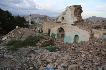 rubble of a Sufi mosque that was blown up by explosive devices in an attack in the southwestern in Taiz city