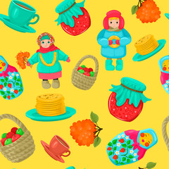 Seamless vector pattern. Russian holiday Maslenitsa symbols.