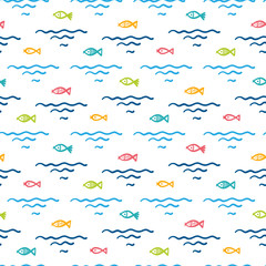 Kleine vissen naadloze kinderachtig patroon. Kleurrijke achtergrond voor kinderen met Hand getrokken Doodle Cute Fish en zee golven. Cartoon zeedieren Vector illustratie in Scandinavische stijl