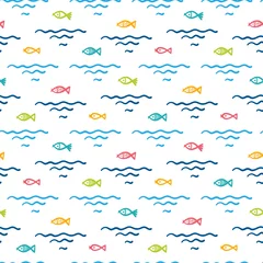 Fotobehang Scandinavische stijl Kleine vissen naadloze kinderachtig patroon. Kleurrijke achtergrond voor kinderen met Hand getrokken Doodle Cute Fish en zee golven. Cartoon zeedieren Vector illustratie in Scandinavische stijl
