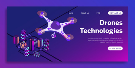Isometric vector drone technologies 3d illustration. Include neon city, trees, roads, transport, drone.