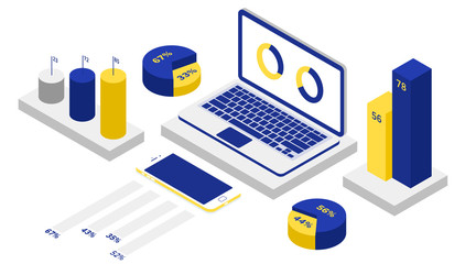 Vector 3d isometric data analysis illustration with laptop and diagrams