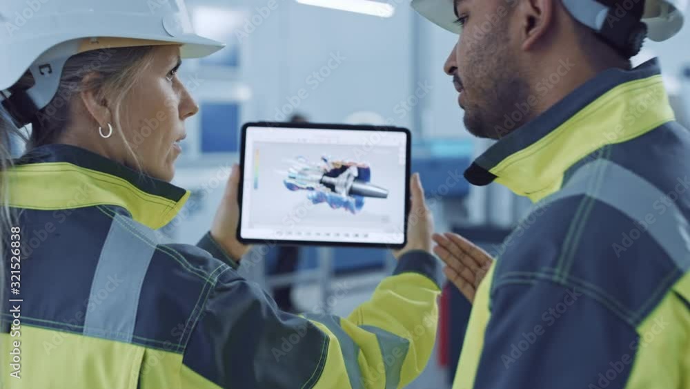 Poster industry 4.0 factory: chief engineer and project supervisor in safety vests and hard hats, talk, use