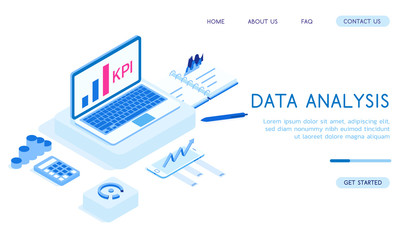 Stylish isometric vector 3D Data Analysis with server and worker illustration. Good for business and technologies topics.