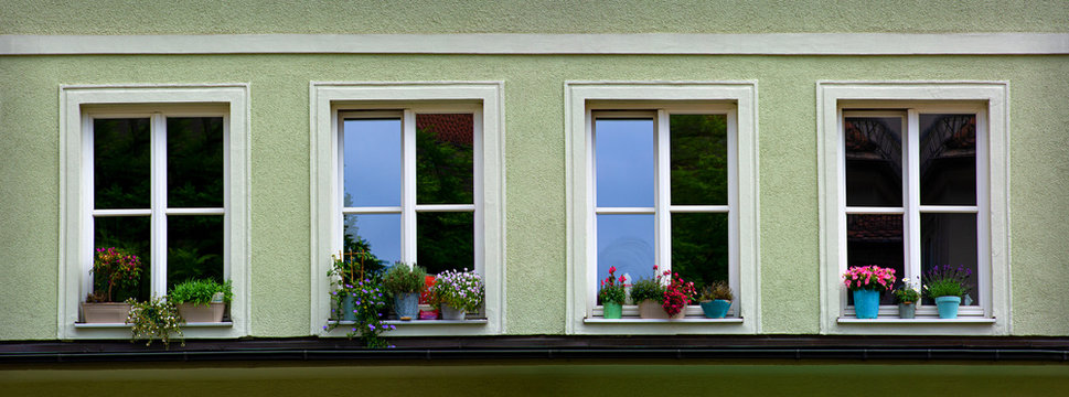 Four Windows With Flowers In Row Of A House Front