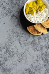Homemade Chicken with curry and basmati rice from above