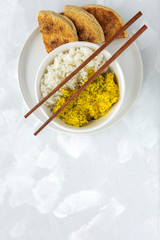 Homemade Chicken with curry and basmati rice from above