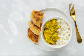 Homemade Chicken with curry and basmati rice from above