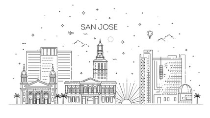 Minimal San Jose City Linear Skyline - obrazy, fototapety, plakaty