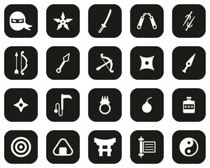 Ninja & Ninja Equipment Icons White On Black Flat Design Set Big