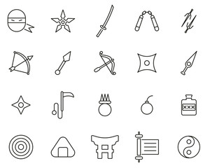 Ninja & Ninja Equipment Icons Black & White Thin Set Big