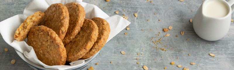 Healthy snack - oat milk and oat biscuits, alternative dairy drink
